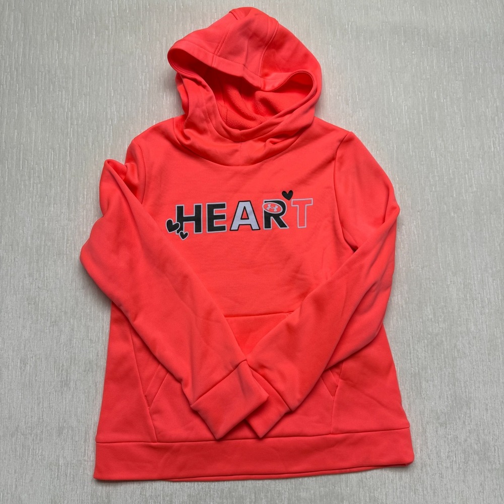 Under Armour Fleece Heart Hoodie Sweatshirt Girls Medium Neon Pink Loose Fit